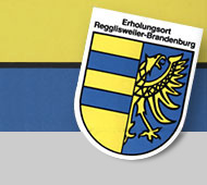 Das Wappen von Regglisweiler, auf der linken Seite gelb-blau-gelb-blau-gelb und auf der rechten Seite ein halber Adler in gelb auf blauem Grund