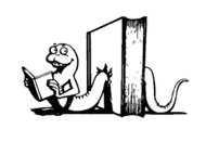 Logo Ökumenische Bücherrei mit comichaftem Bücherwurm der durch ein Buch schlängelt und ein kleines Buch liest